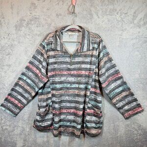 CJ Banks Womens 2X Striped Pullover Tunic Top With Half-Zip Neck Pockets casual